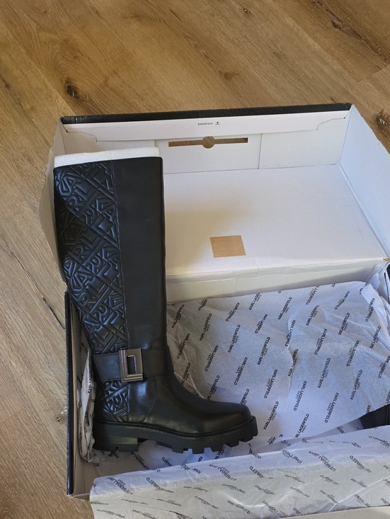 Karl Lagerfeld Shoes - Karl Lagerfeld Black Quilted Tall Moto Boot with Buckle Accent